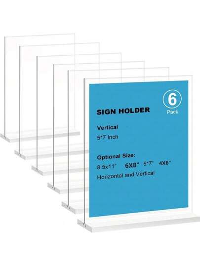 6pcs Acrylic Sign Holders, Vertical T-Shape Plastic Sign Stands With Base, Double-Sided Clear Tabletop Acrylic Brochure Holders For Restaurant, Office, Store, Home, Photo Frame Display