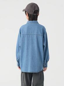 Balabala Kids' Denim Long Sleeve Shirt, Crisp Fabric, Casual School Style - Denim Light Blue - View 5