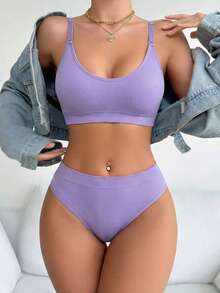 Women's Lingerie Set: Adjustable Strap Bra + Low-Waist Elastic Panty, Super Soft & Skin-Friendly, Essential For Casual Daily Wear - Purple - View 5