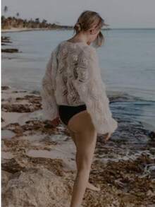 Spring/Summer New Loose Knit Cardigan, V-Neck Hollow Out Design, Casual Vacation Party Mohair Sweater For Women - White - View 4