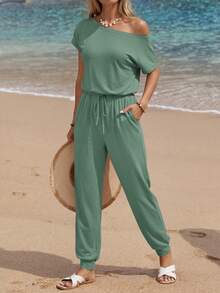 Women's Loose Solid Off Shoulder Elastic Waist Stretchy Long Romper Jumpsuit - Quả xanh - Xem 6