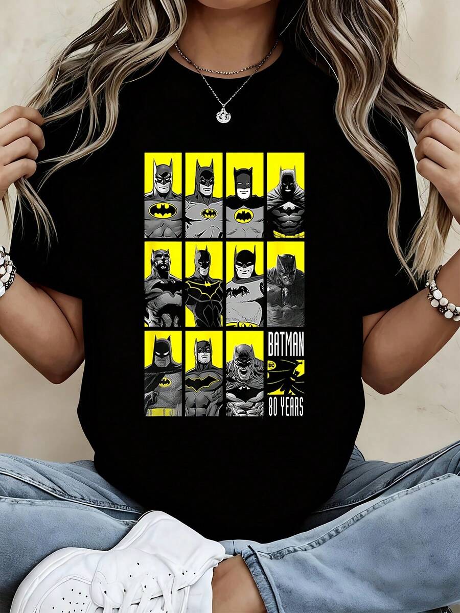 Warner Bros Batman 80 Years Anniversary T Shirt With Classic Batman Characters Design For Fans And Collectors - 黑色 - 查看 1