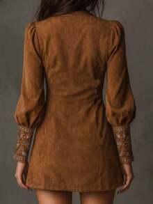 Elegant    Embroidery  Pointelle  Zipper    Beach  Night Out - Brown - View 2