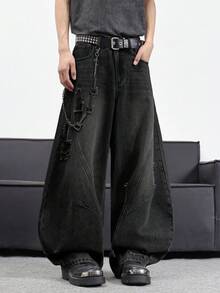 1 chiếc quần jeans nam ống rộng rách phối nhiều mảnh kiểu Nhật, quần denim dáng rộng phong cách vintage (Không bao gồm thắt lưng và phụ kiện) - màu đen - Xem 7