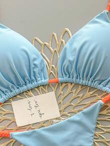 Bộ bikini 2 mảnh họa tiết da báo phong cách Bohemian, kiểu dáng giản dị, thanh lịch, gợi cảm, phối ren móc, thích hợp cho kỳ nghỉ biển, mùa xuân/hè. - Màu xanh nhạt - Xem 4