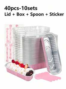 1/5/10 Sets Mini Toast Mold (With Lid And Spoon), Mini Cake Mold Set (With Lid), Rectangular Aluminum Foil Baking Cups, Pink, 6.8 Oz, Rectangular Aluminum Foil Baking Mold, Aluminum Foil Toast Mold, Portable Aluminum Foil Bread Party Dessert Supplies, Suitable For Wedding Birthday Party - Multicolor - View 11