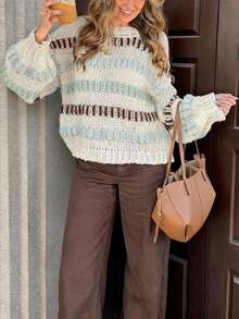 女士撞色条纹上衣，圆领长袖毛衣，休闲时尚街头服饰，春季单品，春季女装，女士商务装，女士外套，女士套头衫，女士复活节服装。 - 彩色 - 查看 1