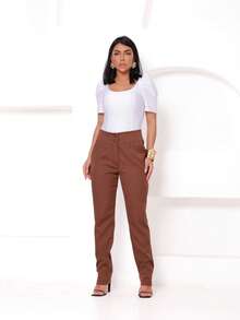 Women's Tailored Trousers, High Waist, Casual Fashion, Elegant, Long Leg, Straight Leg, Premium Luxury Tailoring, Solid Color, Side Pocket With Zipper - 查看 4