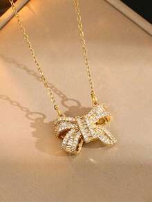 1件优雅闪亮不锈钢立方氧化锆蝴蝶结项链，适合女士参加派对佩戴和作为礼物 - 蝴蝶結 - 查看 2