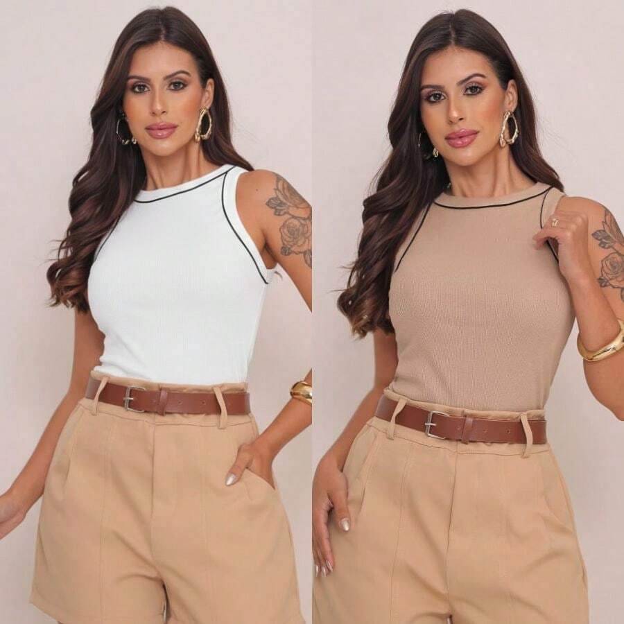 Set Of 2 Women's Ribbed Tank Tops, Non-Transparent, Premium Fabric, Suitable For Multiple Occasions: Work, School, Dinner, Birthday - White and Beige - View 1