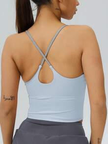 Women's Athletic T-Shirt With Fixed Padding, Color Contrast, Elastic, Summer Yoga Top - 冰融藍 - 查看 5