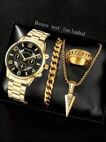 4pcs/Set Men's Fashion Casual Mixed Stainless Steel Band Quartz Watch, Calendar, Bracelet, Necklace, Ring Jewelry Set, Suitable For Daily Wear Or Holiday Gift - Gold - View 7