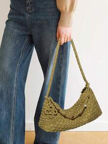 2件套女士麂皮编织单肩包、时尚流浪包、宽松手提包、新月形斜挎包和手提包套装、女士钱包 - 彩色 - 查看 6