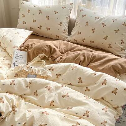 4件套卡通领结泰迪熊床上用品套装，甜美清新，亲肤双层雪纺，优质床上用品套装（1个被套+1个床单+2个枕套），四季皆宜的卧室装饰，情人节/节日礼物，派对装饰，不含被芯和枕芯，枕套图案随机裁剪