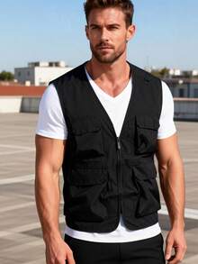 男士多口袋可拆卸后背背心，V领摄影钓鱼夹克外套，团队工作服，四季皆宜 - 黑色 - 查看 1