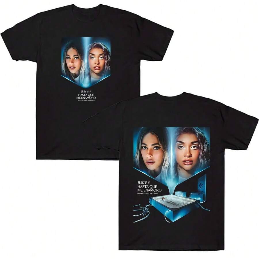 Camiseta María Becerra & Tini HASTA QUE ME ENAMORO, moda unisex, camiseta de manga corta, ropa casual para mujeres y hombres, tops de algodón de verano - Negro - Ver 1