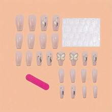 24pcs Luxe Press-On Nails Set - Medium Length, Ballet Shape With Sparkling Rhinestones & Butterfly Accents, Glossy Finish For A Chic Look, Full Coverage, Cat Eye - 華麗的 - 查看 2