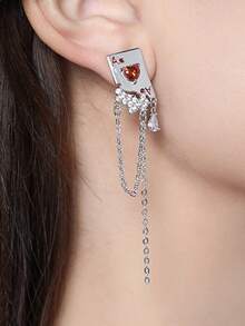 一对朋克风扑克主题耳环，红桃A流苏吊坠耳钉，镶嵌氧化锆，时尚女士珠宝，优雅日常及派对配饰 - 耳環 - 查看 2