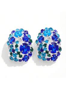 European And American Popular Fully Studded Large Round Earrings, Exaggerated Rhinestone Jewelry, Cross-Border New Rhinestone Earrings For Women, And Luxurious Rhinestone Clips, Fashionable And Versatile Rhinestone Earrings, New Rhinestone Exaggerated Clips, European And American Style Personalized Rhinestone Jewelry, Dazzling Accessories. - Blue - View 5