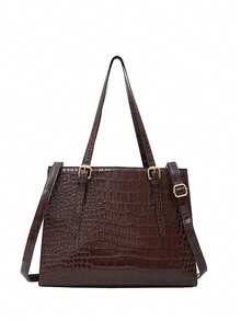 New Crocodile Embossed Handbag With Accessories - Brown - View 11