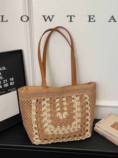 1个低茶色纯色草编单肩包，女士休闲大容量手提包，度假风草编沙滩包，顶部拉链封口，适合日常购物和海滩使用