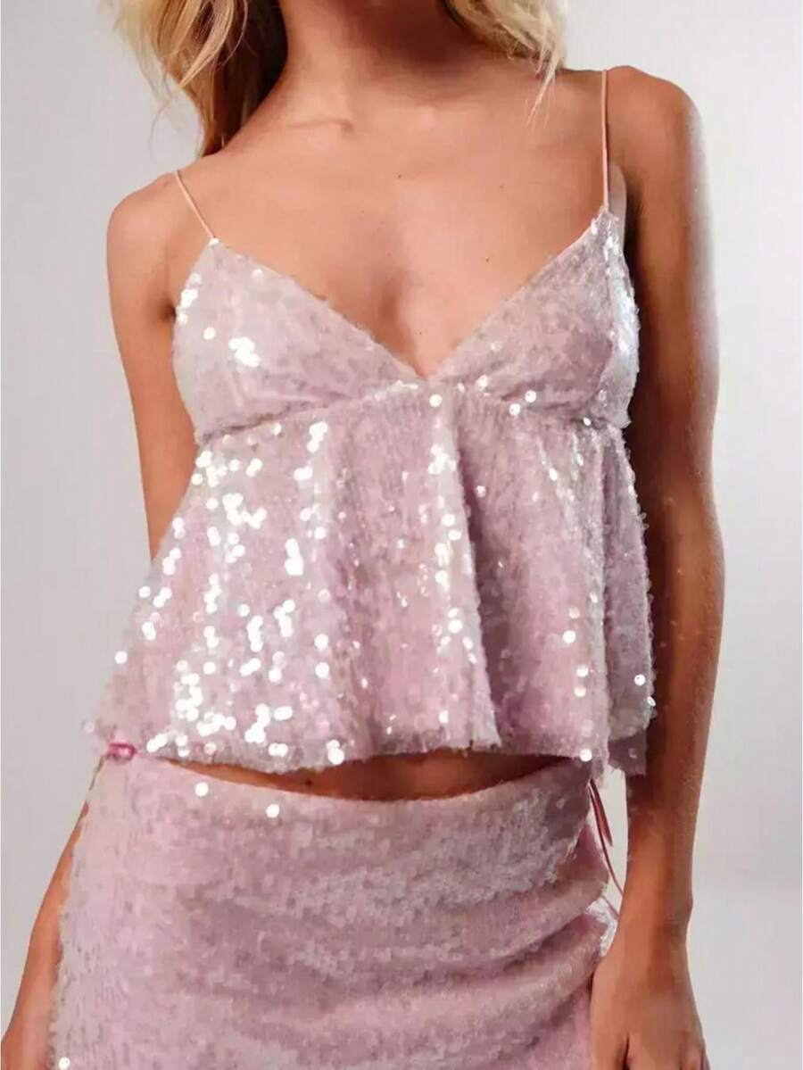 Women Sequin Spaghetti Strap Tops Sparkly V Neck Sleeveless Backless Ruffle Shirts  Summer Streetwear - Hồng - Xem 1