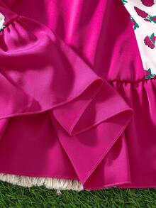 女童夏季新款紫红色拼接玫瑰印花短袖连衣裙，收腰喇叭裙摆，甜美可爱公主裙 - 玫紅色 - 查看 9