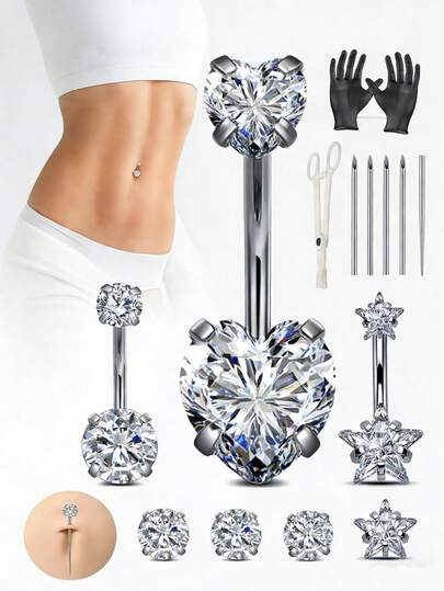 Set de 6 piezas/10 piezas para perforación de ombligo - Agujas de acero hipoalergénico de 14G y juego de anillo de vientre con zirconia para principiantes, para hacer en casa