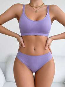 Women's Lingerie Set: Adjustable Strap Bra + Low-Waist Elastic Panty, Super Soft & Skin-Friendly, Essential For Casual Daily Wear - Purple - View 1