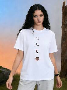 una pieza Camiseta de manga corta para mujer con diseño de luna creciente y textura abstracta suave manga corta cuello redondo tejido ligero y transpirable ideal para verano días soleados combinaci - Blanco - Ver 1
