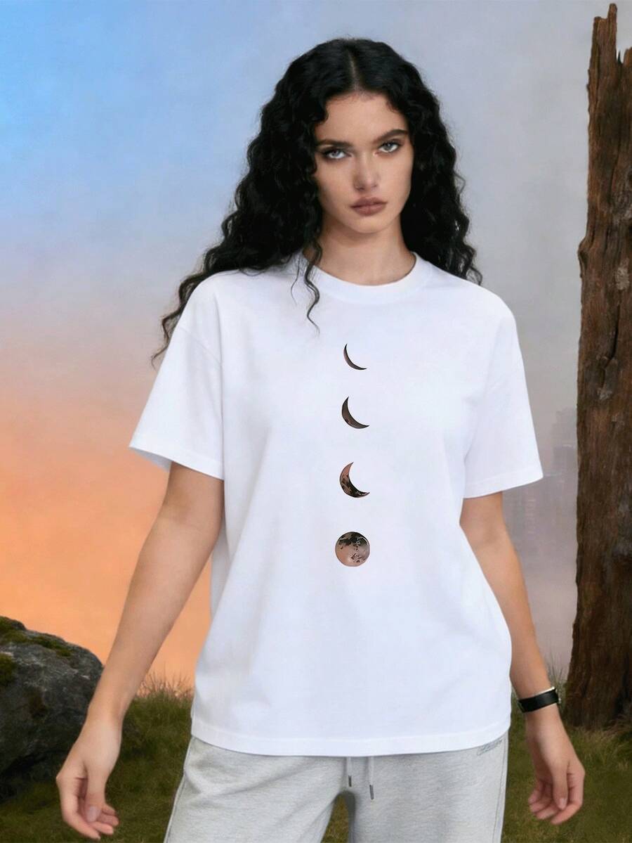 una pieza Camiseta de manga corta para mujer con diseño de luna creciente y textura abstracta suave manga corta cuello redondo tejido ligero y transpirable ideal para verano días soleados combinaci - Blanco - Ver 1