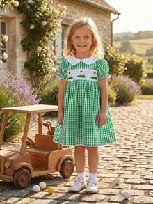 Infant Girls Golf Outfit Toddler Girl Smocked Golf Dress Puff Short Sleeve Summer Green Gingham Athletic Dresses - 綠色 - 查看 7