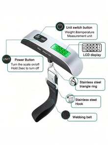 1个便携式电子秤，带数字液晶显示屏，最大称重110磅/50公斤，适用于行李悬挂式行李箱、旅行包、手提袋等，迷你高精度手秤。 - 銀色 - 查看 6