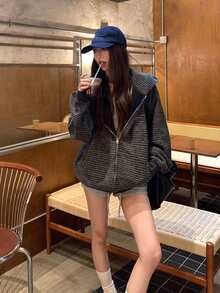 休闲撞色条纹宽松长袖外套，修身百搭 - 黑色 - 查看 5