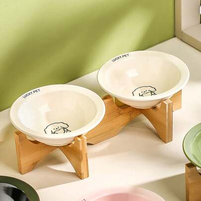 Ceramic Dog And Cat Bowl With Wooden Stand, Food And Water Bowl Non-Spill For Cats Dogs, Whisker Friendly And Dishwasher