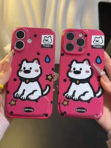 1pc Pink Faux Leather Cute Sweating Dog Cartoon Phone Case With 3D Invisible Mirror Stand, Compatible With IPhone 11/12/13/14/15/16/17/Pro Max - Hot Pink - View 2
