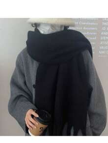1pc Women's Black Fringe Scarf, Versatile Wear As Headscarf, Shawl Or Neck Scarf, Women's Gift, Warm And Windproof Multi-Functional Scarf, Suitable For Daily, Travel And Other Occasions - Black - View 4
