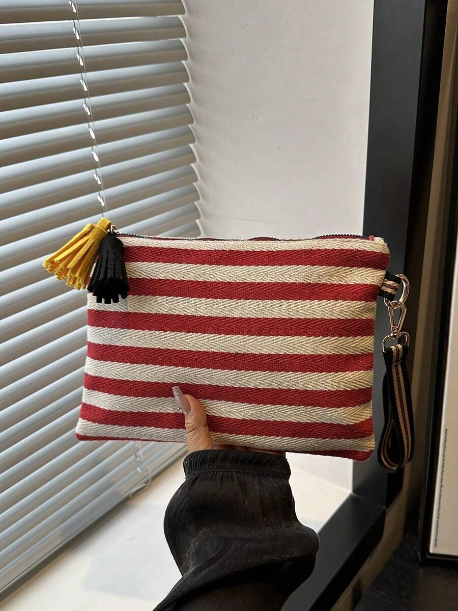 女士大容量流苏条纹手拿包 - 紅色 - 查看 1