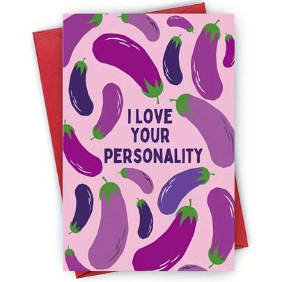 1 pezzo Biglietto di San Valentino divertente a tema melanzana - perfetto per il marito o il fidanzato, biglietto d'amore carino per l'anniversario, design a cartone animato (busta + biglietto)