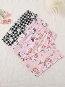 Sanrio 三条装三丽鸥Hello Kitty女士睡裤，休闲睡裤，黑色格子、浅粉色、浅紫色 - 彩色 - 查看 3