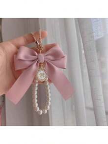 1pc Gorgeous Matte Bow With Faux Pearl Keychain Lovely Faux Pearl Beaded Bracelet Vintage Charm Women Girls Wallets Socks Backpacks Car Accessories Ribbons Pearl Pendant Valentine's Day Bow Keychain School Supplies Teacher Gifts Back To School Teacher Essentials Valentine's Day Bag Charm Pearl Cute Goth Y2k - 紅色的 - 查看 2