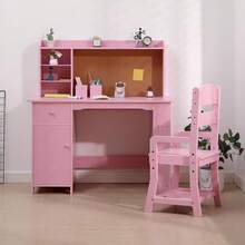 Kids Study Desk And Chair Set With Storage Cabinet, Wooden Children's Study Table, Student Writing Desk And Computer Workstation For Boys And Girls Ages 3-8 - 粉色 - 查看 2