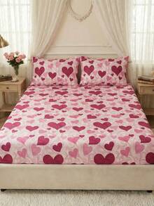 1件装亲肤柔软舒适床单，情人节礼物床上用品套装，家居装饰，适合双人/标准双人/加大双人床，可机洗，心形图案床单 - 彩色 - 查看 4