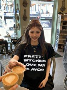 Women's Casual Round Neck Loose Letter Print Short Sleeve T-Shirt, Spring/Summer - Black - View 1