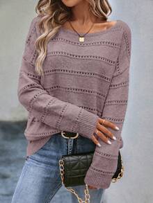 2026 Spring Women's Openwork Striped Knit Sweater - Oversized Boat Neck Casual Pullover Women's Boat Neck Daily Casual Top - 2026 Spring Soft Openwork Striped Pullover 2026 Spring Soft Boat Neck Pullover - Women's Openwork Striped Comfort Knit Top Women's Openwork Striped Casual Pullover - 2026 Spring Oversized Boat Neck Sweaterv - Hồng - Xem 1