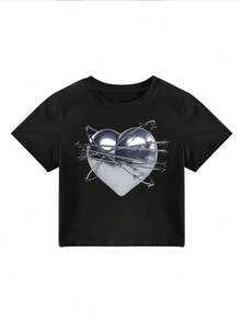 2026夏季新款女士修身露脐上衣，独特设计印花心形图案，朋克街头风休闲圆领T恤 - 黑色 - 查看 4