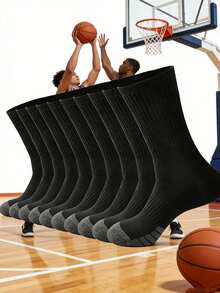 5 双篮球袜，男士长筒袜，防滑，适合篮球、骑行，耐用，黑色，适合健身，秋季 - 黑色 - 查看 1