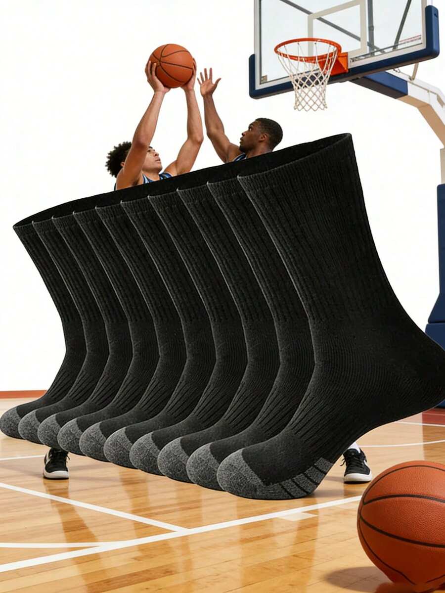 5 双篮球袜，男士长筒袜，防滑，适合篮球、骑行，耐用，黑色，适合健身，秋季 - 黑色 - 查看 1