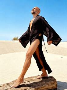 Men's Solid Black Open Front Robe - Minimalist Style, Loose Fit Long Robe, Lightweight Suitable For Desert Vacation, Bohemian Adventure And Outdoor Leisure, Gift For Men - Black - View 4