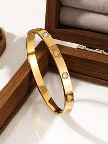 1/3pcs Set New Fashionable High-Quality Stainless Steel Heart Zirconia Stone Women Bracelet, Nail Bracelet, Open Bangle Jewelry Set, Suitable For Daily Wear - Yellow Gold - View 5